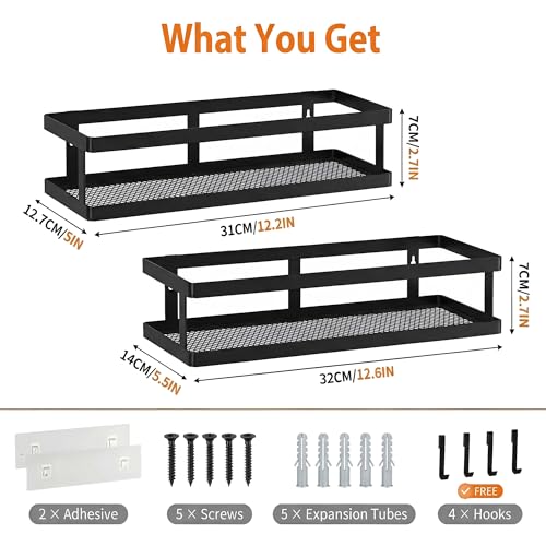 PUSDON 2-Pack Minimalist Shower Caddy Wall Mount, Open Frame Bathroom Shelf Organizer with Mesh Base, Rustproof Floating Spice Rack for Kitchen, Holds 50 LBS, 4 Hooks - Matte Black, Guardrail - color: Matte Black, size: Minimalist Open (12.6" Wide)