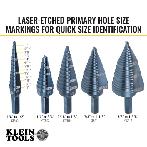 Klein Tools KTSB01 Step Drill Bit Double-Fluted #1, 1/8 to 1/2-Inch with Easy-to-Read Markings and Targets, 3/8-Inch Hex Shank - size: 1/8 to 1/2-Inch, style: Standard