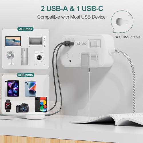Small Power Strip 5 FT - Flat Plug Outlet Extender, 9-in-1 Surge Protector with 6 AC Outlets 3 USB (USB-C), 5ft Braided Extension Cord, Wall Mountable for Home Office Living Room TV Stand Bedside Desk - size: 5 FT