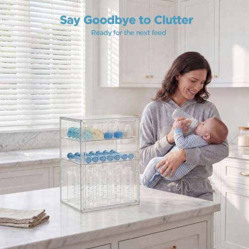 HBlife Baby Bottle Storage Organizer for Countertop Cabinet, 3 Tiers Adjustable Clear Acrylic Bottles Storage Station Case Box Container with 2 Removable Dividers and Magnetic Door, Large - size: Large, style: 3-Tier Single Door