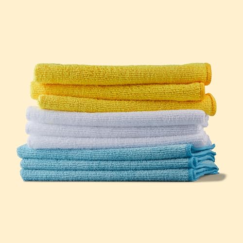 Amazon Basics Microfiber Cleaning Cloths, Highly Absorbent, Scratch-Free, Ultra-Soft, Non-Abrasive, Reusable and Washable, 16" x 12", Blue/White/Yellow, 48-Pack - color: Blue/White/Yellow, size: 48-Pack