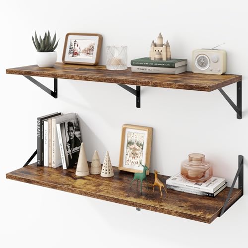 Acovy Deep Floating Shelves Wall Mounted, 36"x12" Brown Wood Shelves with Brackets Set of 2 for Bedroom, Living Room, Bathroom, Kitchen, Office - Storage & Display Shelf for Decor, Books, Plants - color: Rustic Brown, size: 36"Wx12"D-2pcs