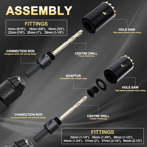 Bi-Metal Hole Saw Set 21 Pcs with Quick Change Arbors, 9/16 to 2-1/2 Inch for Wood Metal Plastic and PVC, Complete Professional Set with Case - size: 9/16" to 2-1/2"