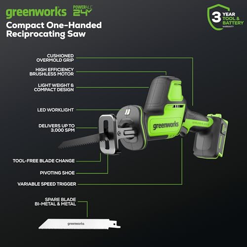 Greenworks 24V Brushless 1" Compact One-Handed Reciprocating Saw (3,000 SPM), Cordless Powered Variable Speed Recip Saw, Battery Not Included - size: Brushless 1" One-Handed Recip Saw, style: Tool Only