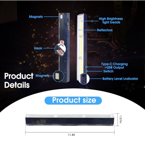 Magnetic Light BAR, 11.81-inches 5000mAh 6000 Lumens Rechargeable Portable Lamp Built in 165 LED Bulbs,with Handy Hook with 2 Magnets Endurance - size: 11.81"