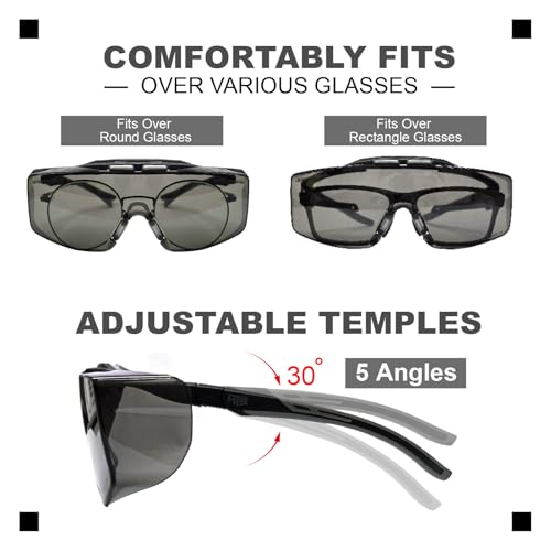 HTS HUNTERSKY ANSI Z87.1+ Anti Fog Fit Over Eyeglasses Safety Glasses Up to 1.88 inch 99.9% UV Protection OTG Lab Goggles - color: 3906s Black-gray / Gray Lens - 8 Pack