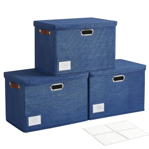 15" Fabric Storage Box with Lids, 3-Pack, Navy - color: Navy, size: Medium-15"