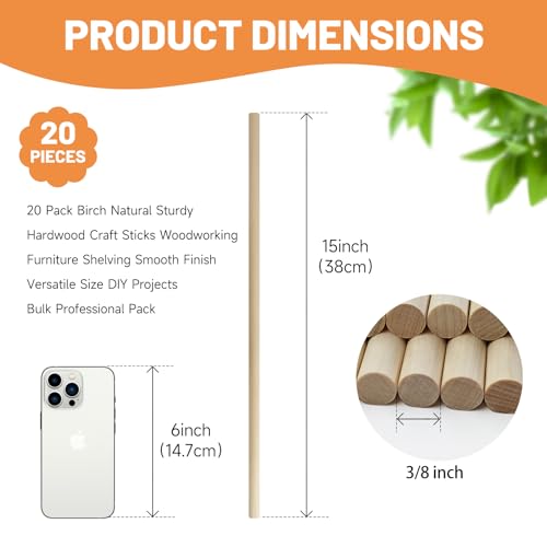 Santoy 20 PCS Wooden Dowel Rods – 3/8 x 15 Inch Round Unfinished Hardwood Sticks for Crafts, DIY Projects, Cake Support, Wedding Ribbon Wands & Art Supplies