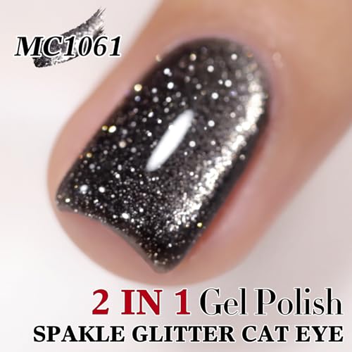 Double Rhythm Jelly Glass Cat Eye Gel Polish with Magnet 15ML Holographic Glitter Shimmer Translucent Sheer Color Magnetic Nail Polish Salon DIY at Home (Black Glitter-MC1061) - color: Black Glitter