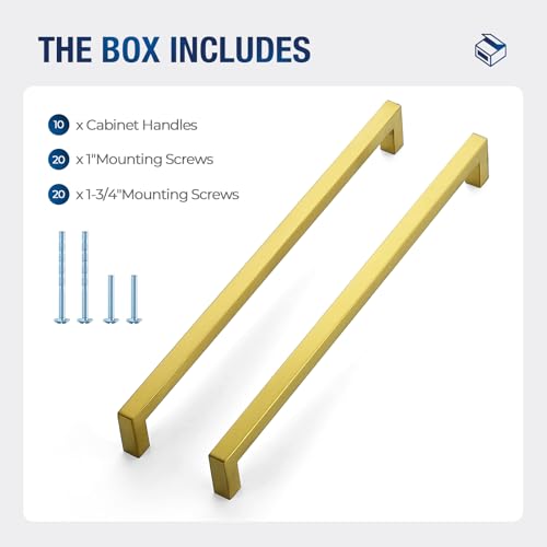 JOY DECOR Gold Cabinet Handles Square Cabinet Pulls 11-1/3 Inch CC, 10 Pack - size: 11-1/3 Inch Hole Center