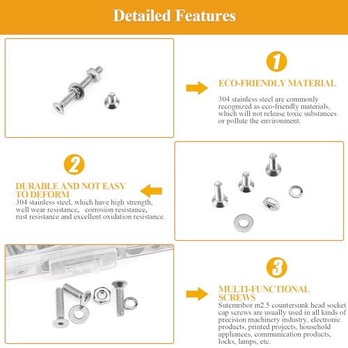565 Pieces M2.5 Screws Nuts Washers Set, Sutemribor M2.5 x 4/6/8/10/12/16/20mm Countersunk Head Socket Cap Screws Nuts Washers Assortment Kit, 304 Stainless Steel, Fully Threaded - size: M2.5, style: Countersunk Head Socket Cap