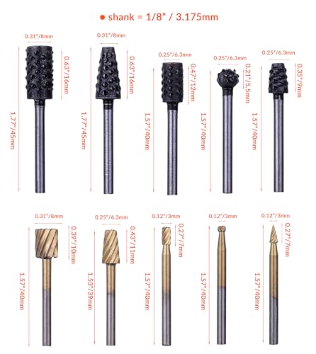 10PCS Rotary Burr Wood Carving Rasp Files Set with 1/8" Straight Shank - size: 1/8" Straight Shank (10 Pcs)