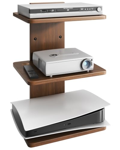 Floating TV Projector Shelf Wall Mount - 3 Tier Wooden Shelf, Walnut Brown - size: 3-Tier Shelf