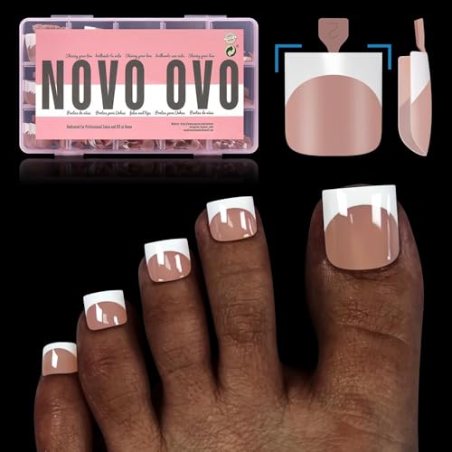 NOVO OVO French Tip Toe Nail Tips Press on, Sharp Square Pre-Designed Soft Gel False Toenail Extension, BROWN PINK Pre-applied Tip Primer & Base Coat, Full Cover Acrylic for DIY x 15 Sizes 240 pcs - color: Sharp Square French Tip Brown Pink