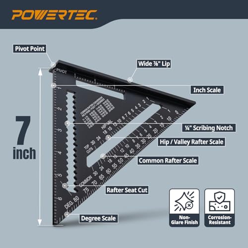 POWERTEC 7" Aluminum Rafter Square, Speed Framing Square (72322) - style: 7" Rafter Square