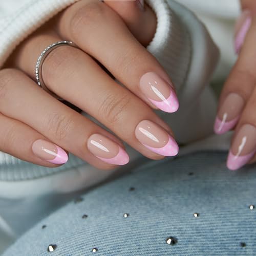 Curvlife Soft Gel Press On Nails Medium Almond Nude Pink French Tip with Polka Dots, Glue On Fake Nails Reusable False Nails Stick On Nail Tips for Women - color: B9 - Pink French Tip Polka Dots