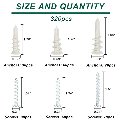 320PCS Drywall Anchors and Screws Kit – Self Drilling Nylon Wall Anchors, Heavy Duty Plastic Anchors for Drywall, No Pre-Drill Needed, Hollow Wall Anchors (10x35mm, 15x32mm, 13x42mm)