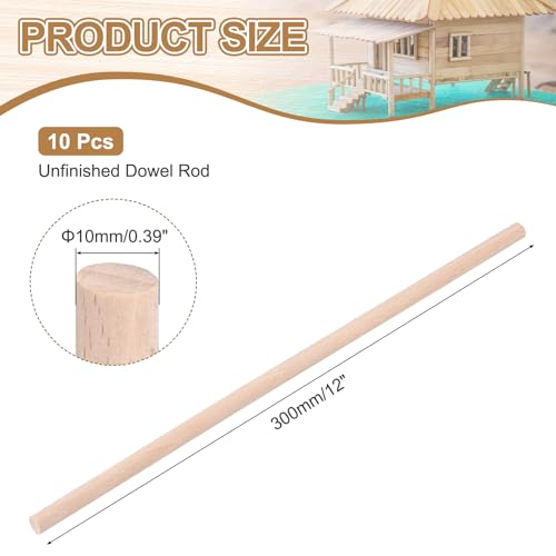 MECCANIXITY Pack of 10 Wooden Dowel Rods 10mm 3/8x12 Round Wooden Rod - size: (10mm)3/8 x 12 Inch