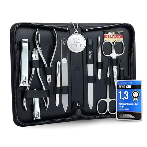 Manicure Set Women and Men – 12-Piece Professional Grooming Kit with Premium Tools, Genuine Leather Case, and exclusive Glass Nail File for Hand & Foot Care, German Quality - color: Black Nappa