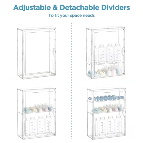 HBlife Baby Bottle Storage Organizer for Wall Countertop Cabinet, 3 Tiers Adjustable Clear Acrylic Bottles Storage Station Case Box Container with 2 Removable Dividers and Magnetic Door, Small - size: Small, style: 3-Tier Single Door