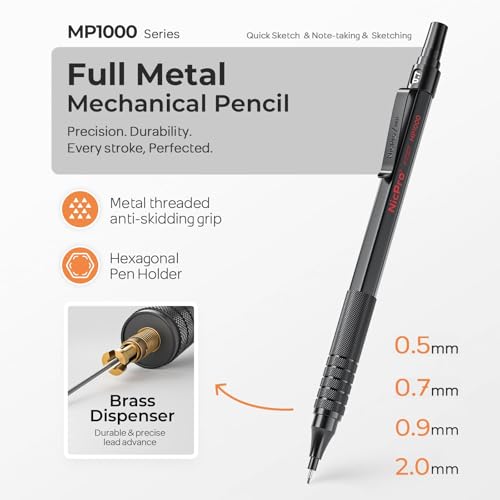 Nicpro 45PCS Black & Silver Metal Mechanical Pencil Set in Leather Case, Art Drafting Pencil 0.5, 0.7, 0.9 mm, 2mm Lead Holders for Sketching Drawing With 27 Tube (6B 4B 2B HB 2H 4H Colors)Lead Refill - color: Black & Silver