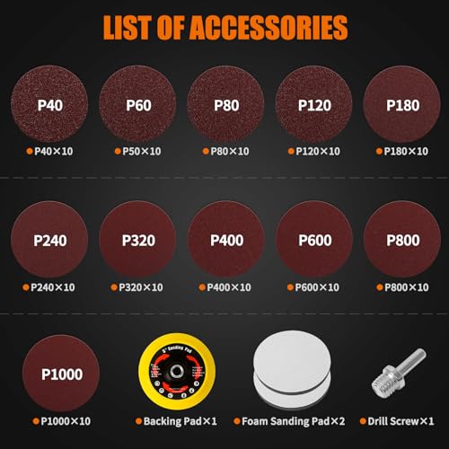 Pomsare 114PCS Angle Grinder Sanding Discs Polishing Pad Kit, 5 Inch Hook and Loop Foam Backing Pad, Drill Sanding Angle Grinder Attachments with 5/8-11 Threads for Metal Wood Grinding 40-1000 Grits - style: Premium 5 Inch 114 PCS
