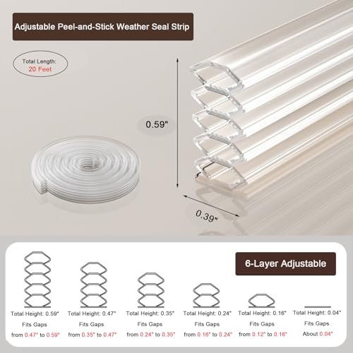 Rip-to-Fit Weather Stripping – 20 Feet, 5-Layer Adjustable Self-Adhesive Weather Seal Strips Fits Big Gaps(0.04-0.59 Inch), for Door Frame Door Insulation Strip Waterproof, Transparent - color: Transparent