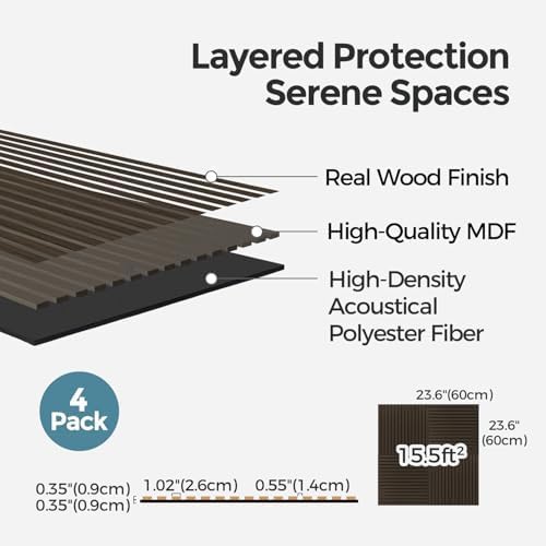 AKUMAX 4-Pack Wood Slat Acoustic Wall Panels, 23.6 x 23.6 in 3D Sound-Absorbing Panels for Walls & Ceilings, Fire-Retardant, FSC-Certified Materials, 15.5 Sq Ft, Black Walnut - color: Black Walnut