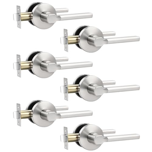 Satin Nickel Passage Door Handle,Brushed Nickel Round Interior Door Lever for Hallway and Closet,Keyless Non-Locking Door Lock,Left and Right Hand Reversible,6Pack - color: Satin Nickel, size: Passage