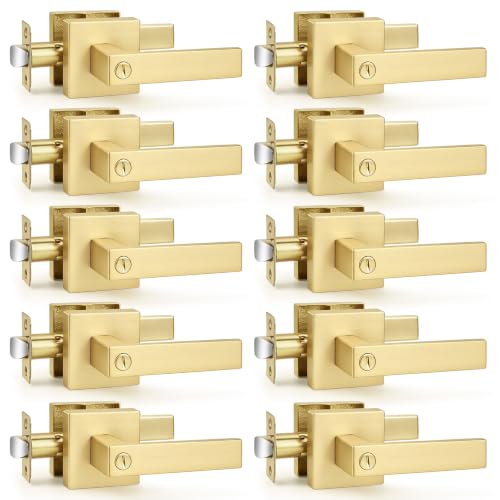 Probrico Interior Privacy Door Lever Handles with Lock, Gold 10 Pack Bedroom & Bathroom Lockset - color: Brushed Gold