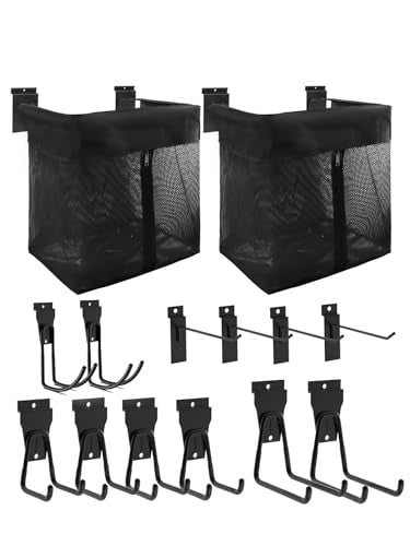AZUNO 14 PCS Slatwall Accessories Kit - 2 Pack Large Mesh Slatwall Baskets with Front Zipper & 12 Pack Heavy Duty Slat Wall Hooks, Garage Storage & Organizer for Sports Gear, Toys, Tools - size: 2 Mesh Baskets+12 Hooks