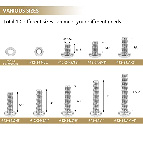 104 Pieces #12-24x 5/16", 3/8", 1/2", 5/8", 3/4", 7/8", 1", 1-1/4", Phillips Pan Head Machine Screws Nuts Washers Assortment Kit, 304 Stainless Steel, Fully Machine Thread - size: #12-24