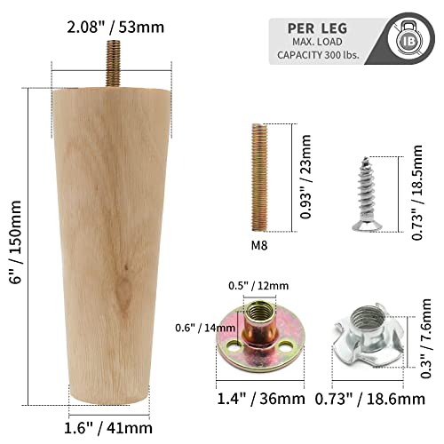 4pcs 6 Inch Wood Furniture Legs - size: 6 Inch