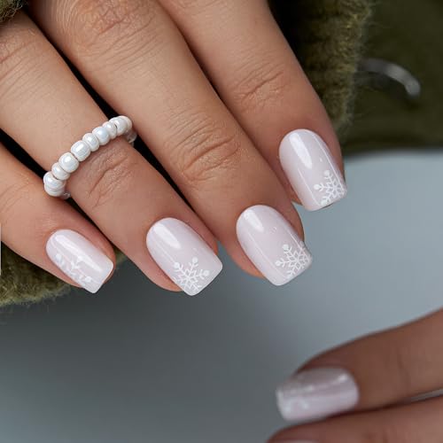 CurvLife Short Sqaure Press On Nails, White Snowflake, Soft Gel - color: White Snowflake Nails