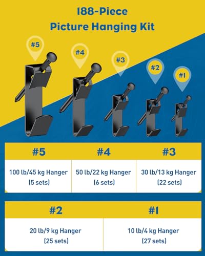 Uniclife 188 Pcs Picture Hanging Kit, 10 lb, 20 lb, 30 lb, 50 lb, 100 lb Heavy Duty Picture Hangers for Drywall & Wood, Picture Hanging Hooks, Frame Hooks for Hanging Photos Mirrors Paintings, Black - size: 188 Pcs, style: Black