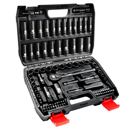 LLNEDL 3/8" Impact Socket Set Drive, 95Pcs Deep&Shallow Socket Wrench Set - color: Black Case