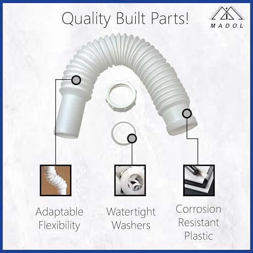 Flexible Extension Pipe, 1-1/2 inch x 15 inch with Adapter for 1 1/4" Inlet Tube with Slip-Joint Nut and Washer for P-Trap Connection used with Kitchen or Bathroom Drain- White Plastic Polypropylene