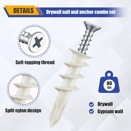 200 Pcs #8 Self Drilling Drywall Anchors and Screws Kit, 100 Anchors, 100 Screws with Organizer Box, Heavy Duty 80 LBS, No Drill Holes Required for Hanging TVs, Mirrors, Picture Frames, Shelves(White)