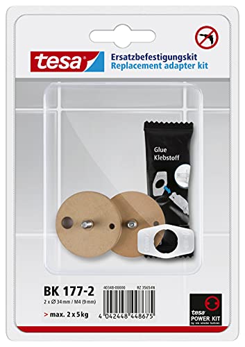 tesa Replacement Adapter Set BK177-2 - 2X Self-Adhesive, Drill-Free Adapter with Power.Kit Technology for Bathroom Accessories - with Metal Plate and Tube Glue - Ø 34 mm x 12 mm, Bolt Length: 9 mm - style: BK177-2