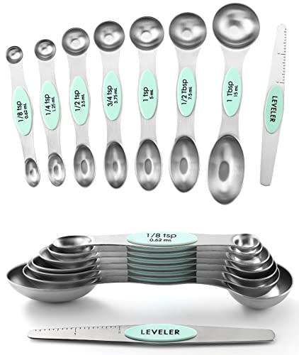 Spring Chef Stainless Steel 8 Magnetic Measuring Spoons Set, 2 Pack, Mint - color: Mint, size: 2-Pack