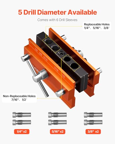 VEVOR Doweling Jig Kit, Self Centering Dowel Drill Jig for Straight Holes, Aluminum Alloy Woodworking Tools with 6 Drill Guide Bushings, Adjustable Width, for Wood Working, Drilling and Marking - size: Pro, style: Doweling Jig