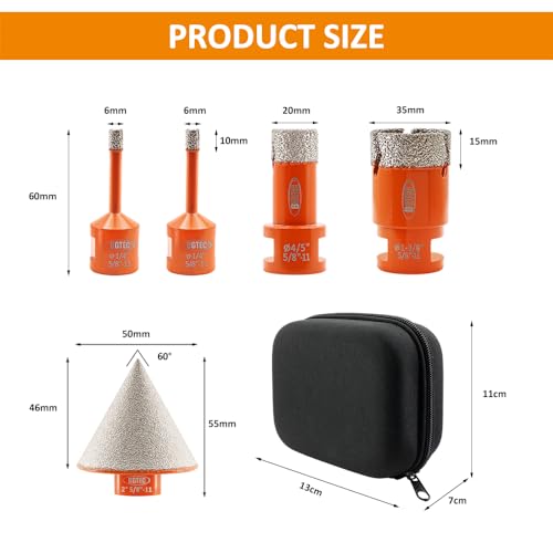 Diamond Core Drill Bit Kit BGTEC Diamond Hole Saw Tile Cutter for Porcelain Tile Ceramic Marble Brick, 5/8"-11 Thread 6/6/20/35mm+50mm Chamfer Bit - size: Bag:6/6/20/35mm+50mm Diamond Chamfer Bit