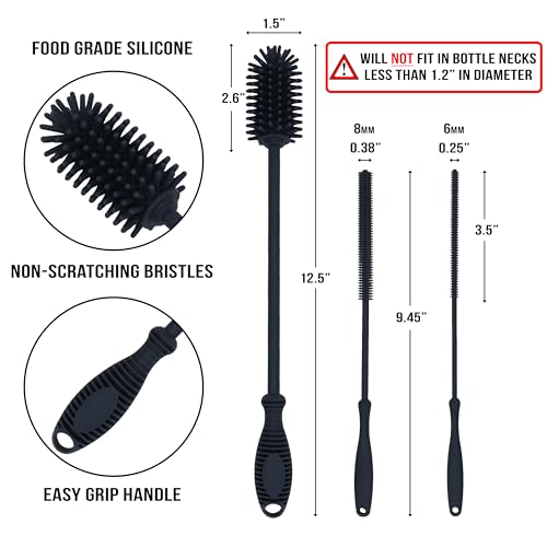 Kitchiny Silicone Bottle Brush 12.5 inch with 2 Straw Cleaners – Grey | Bottle Cleaner Brush for Yeti, Hydro Flask, Owala, Stanley, Baby Bottles, Vases & Narrow Neck Containers - color: Gray
