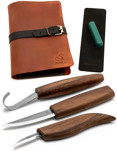 BeaverCraft Spoon Wood Carving Kit - Spoon Carving Tools Set with Hook Knife, Sloyd, Chip, Small Detail Whittling Knives S13X - Deluxe Whittling Knife Set with & Leather Strop and Leather Case