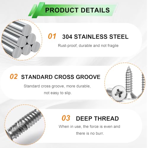 680PCS Wood Screws Assortment Kit,304 Stainless Steel Flat Head Screws, #4#6#8#10#12 Sheet Metal Screws Length 1/4" to 1-1/2",Self Tapping Screws Set - size: 680PCS-SV