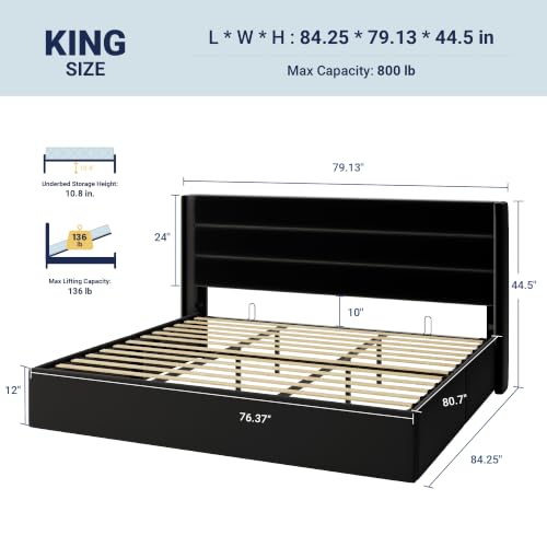 Allewie King Size Lift Up Hydraulic Storage Bed Frame Black - color: Black, size: King, style: Modern