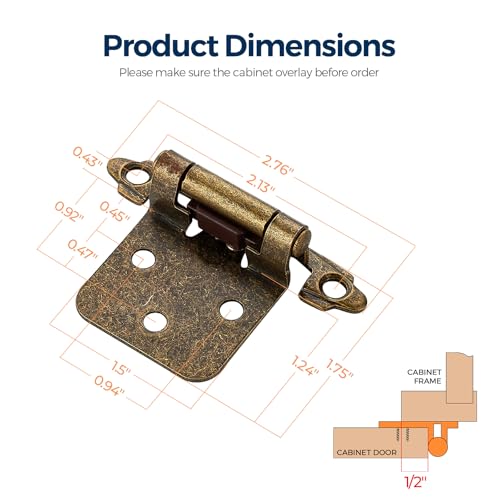Ravinte Antique Bronze Cabinet Hinges, 1/2 Inch Overlay, 60 Pack (30 Pairs) - color: Antique Brass