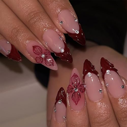 24PCS Red French Tip Press on Nails Almond 3D Flower Fake Nails Medium Diamond Designs Full Cover Glossy Stick on Nails Manicure - color: red french tip flower