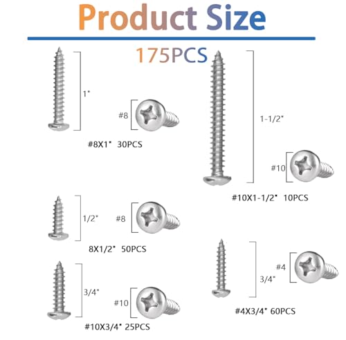 #4# 8#10 Stainless Steel Wood Screws Assortment Kit 175Pcs, Phillips Round Head, 18-8 (304) Stainless Steel, Assorted Sheet Metal Screws, Self Tapping, 4 Sizes (1/2", 3/4", 1", 1-1/2") - size: #4 #8 #10 Kit