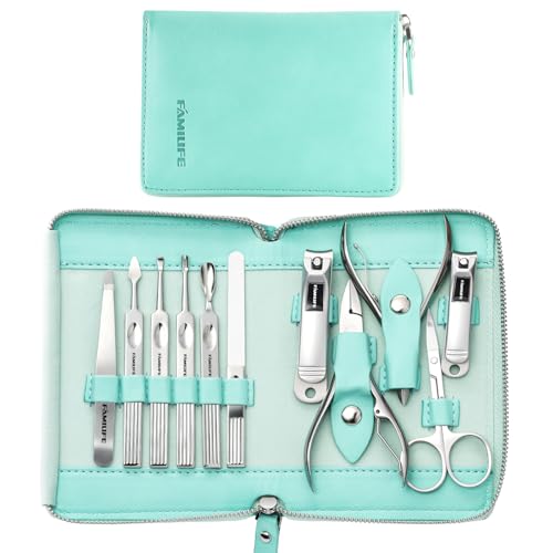 FAMILIFE Stainless Steel Manicure Set 11-in-1 Professional Nail Clipper Kit - color: Mint Green
